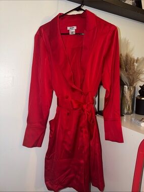DKNY Red Satin Long-Sleeve Wrap Dress